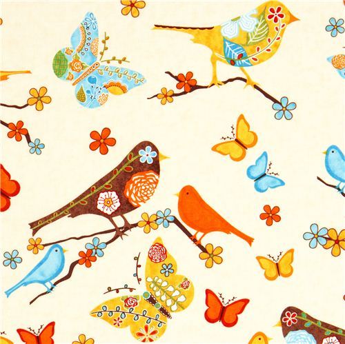 beige fabric bird flower butterfly Robert Kaufman beige fabric bird flower butterfly Robert Kaufman