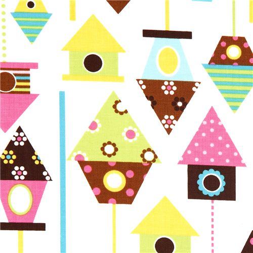 white fabric with colourful birdhouses Robert Kaufman white fabric with colourful birdhouses Robert Kaufman