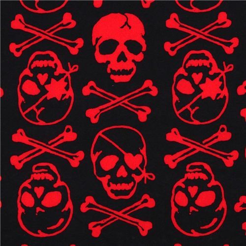 black skull fabric with red skulls by Kokka Japan