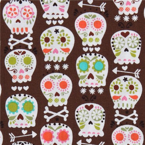 brown Michael Miller fabric colourful skulls bonehead