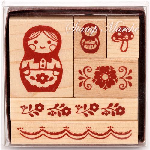 cute wooden stamp set matryoshka flowers