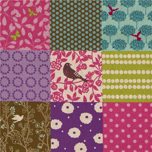 echino canvas fabric story birds squares pink Japan