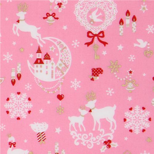 pink kawaii Christmas fabric Bambi bunny glitter Japan