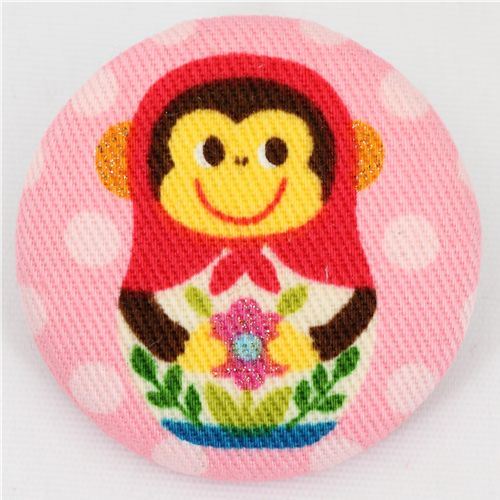 big matryoshka monkey button pink Kokka fabric button big matryoshka monkey button pink Kokka fabric button