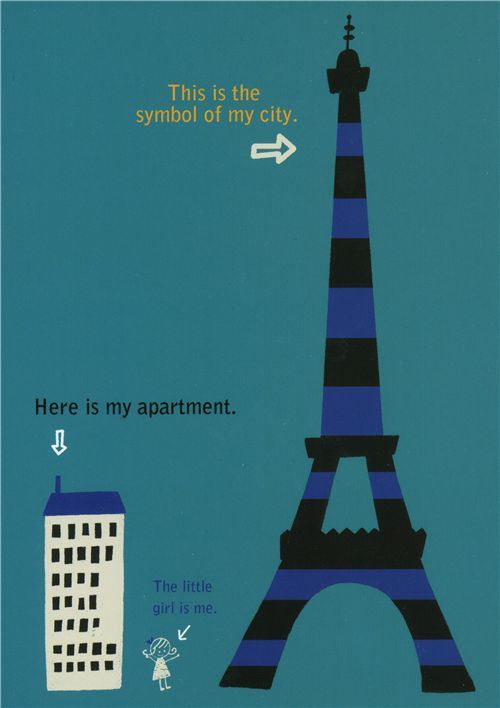 cute Shinzi Katoh postcard Eiffel Tower with house cute Shinzi Katoh postcard Eiffel Tower with house