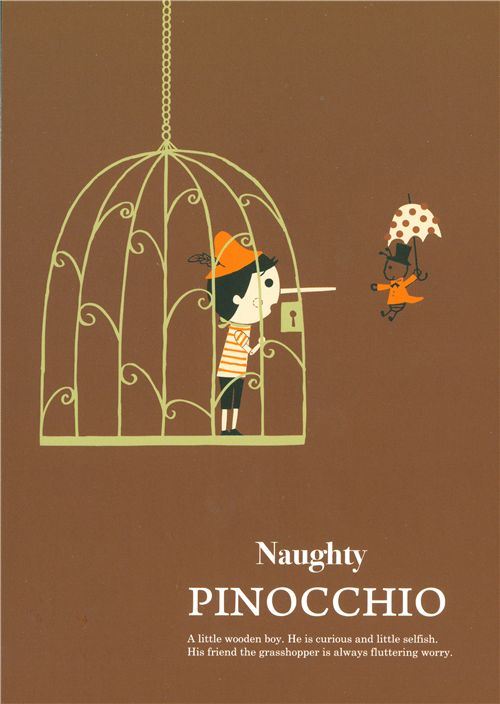 cute Shinzi Katoh postcard Pinocchio in a cage cute Shinzi Katoh postcard Pinocchio in a cage