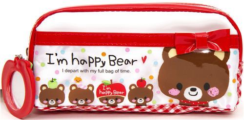 white red pencil case with bears & mirror from Japan white red pencil case with bears & mirror from Japan