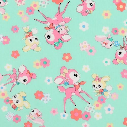 green Japanese fabric deer squirrel bunnies