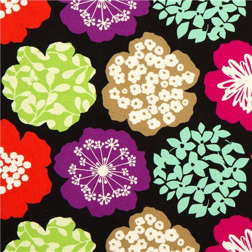 black echino canvas fabric colourful flowers from Japan black echino canvas fabric colourful flowers from Japan