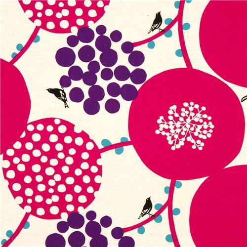 echino canvas fabric pink berries birds from Japan echino canvas fabric pink berries birds from Japan