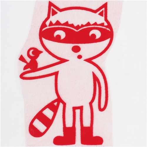cute raccoon with bird velour iron-on red cute raccoon with bird velour iron-on red