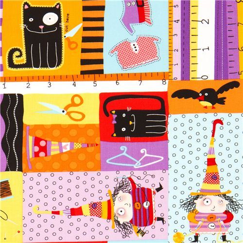 colourful Halloween fabric witch cat pumpkin Robert Kaufman colourful Halloween fabric witch cat pumpkin Robert Kaufman