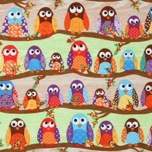 Tessuto firmato graziosi gufi colorati What a Hoot USA