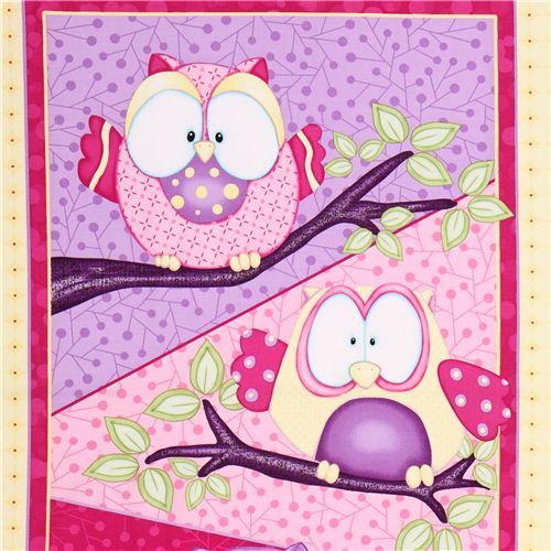 Whoo Me? Cute colourful owl panel fabric.