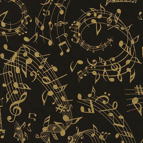 black with music note gold metallic fabric by Timeless Treasures 