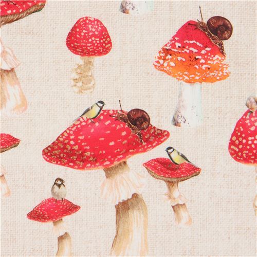 beige jersey knit fabric with vintage mushrooms and birds