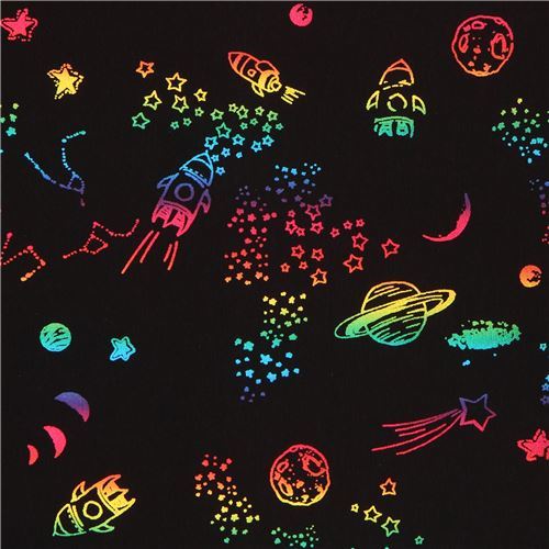 jersey foil outer space knit fabric in black with rocketships