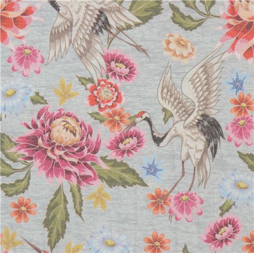 vintage crane and flower melange jersey knit fabric