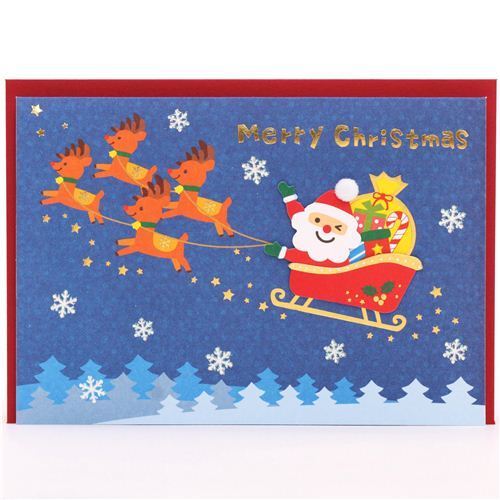 cute Santa Claus sleigh Christmas glitter letter postcard from Japan