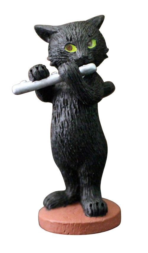 black cat with flute music instrument figurine from Japan