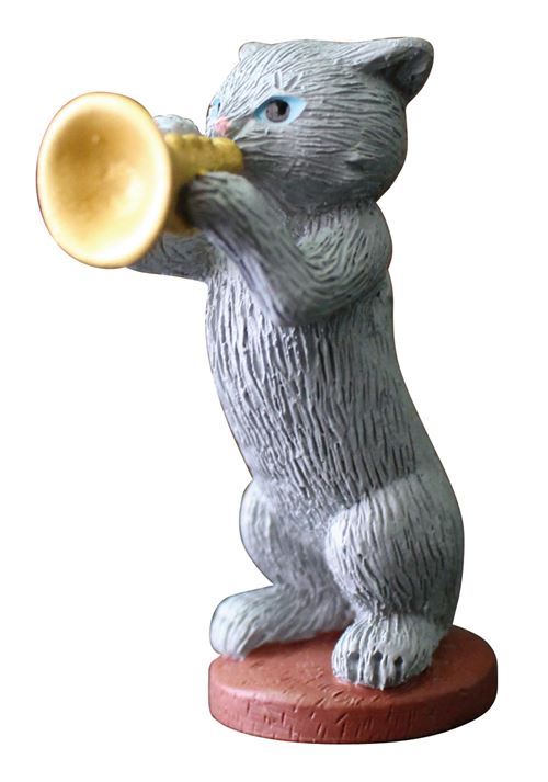 grey cat with trumpet music instrument figurine from Japan
