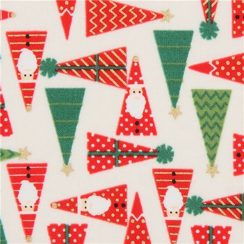 cream Christmas fabric from Japan with triangle shaped Santa Claus and gifts