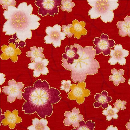red cherry blossom flower poplin fabric by Kokka