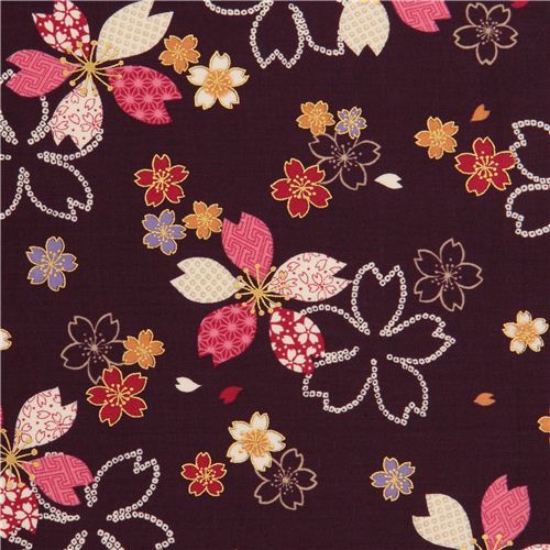 violet Kokka cherry blossom flower fabric with gold