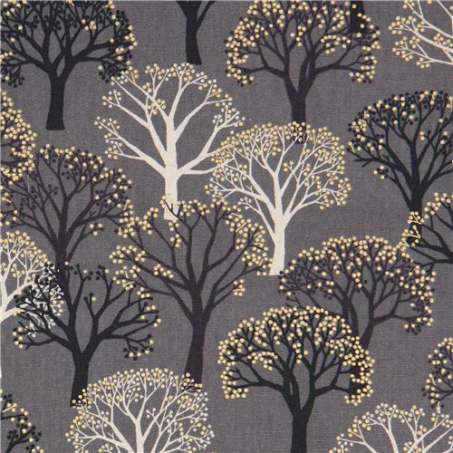 grey canvas fabric with trees and gold metallic embellishment by Cosmo