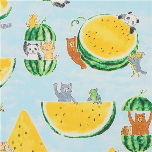 light blue oxford fabric with yellow watermelons and animals by Kokka