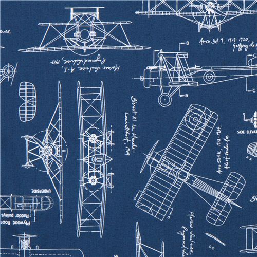 blue 'Vintage Blueprints' airplane draft plan fabric Robert Kaufman USA