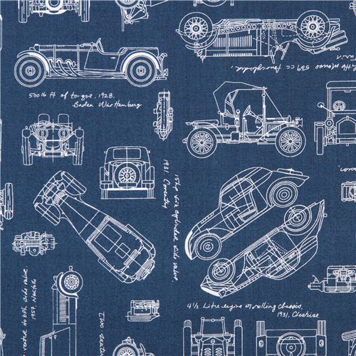 blue 'Vintage Blueprints' car draft plan fabric Robert Kaufman USA