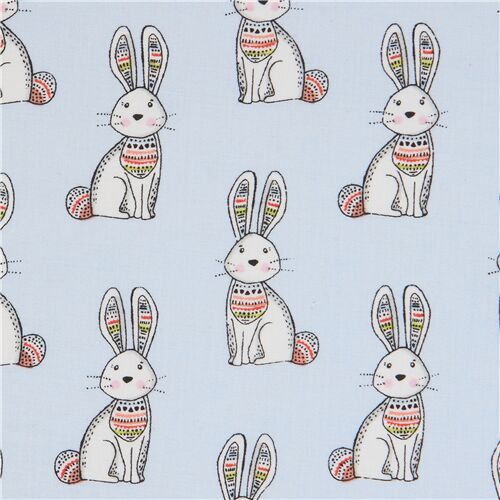 light blue animal fabric with white bunny rabbit pattern