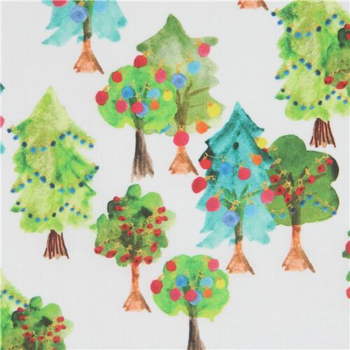 Michael Miller white fabric with colorful Christmas trees