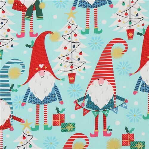aqua and metallic gold Christmas gnome fabric by Michael Miller