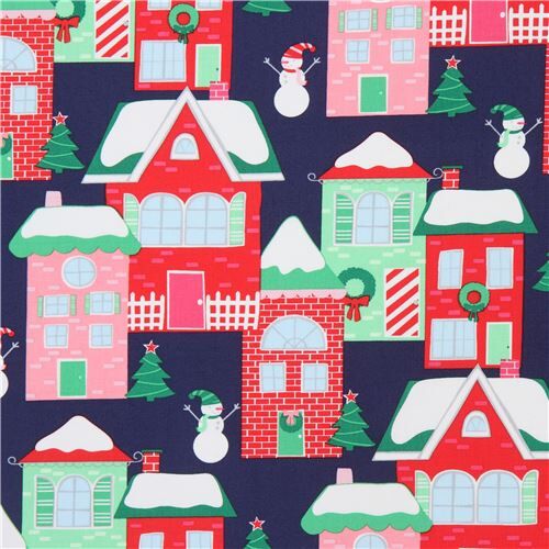 navy blue Christmas house fabric by Michael Miller