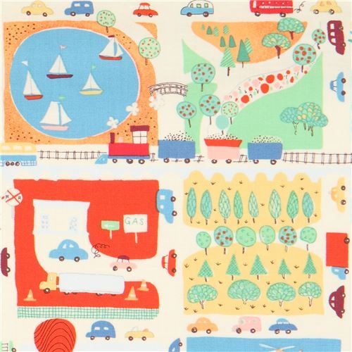 cream Alexander Henry fabric colorful building ballpark vehicle In Town