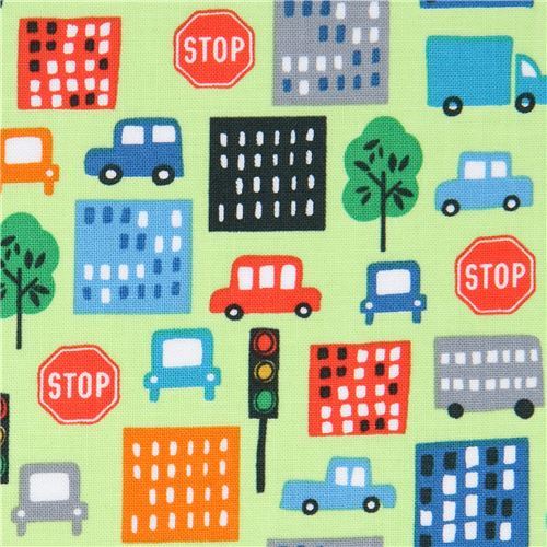 lime green Michael Miller fabric colorful car building Park City