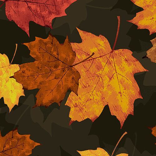 Timeless Treasures dark green fabric with tossed maple leaves