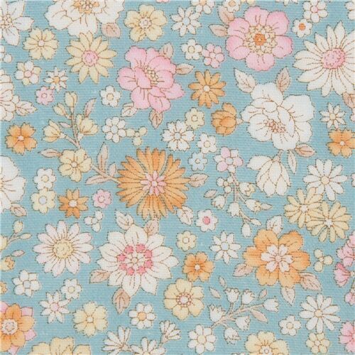blue Cosmo double gauze fabric with small colorful flowers