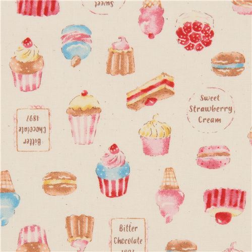 beige Kokka fabric from Japan with cakes and dessert