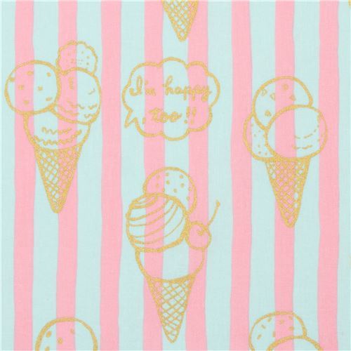 pink and turquoise striped ice cream fabric by Kokka with metallic embellishment