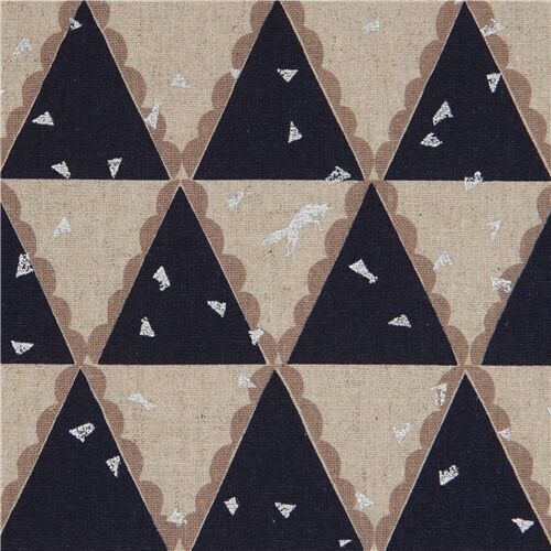 echino metallic silver canvas fabric with natural color and navy blue triangles