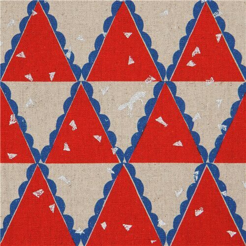 metallic silver canvas fabric with red and natural color triangles by echino