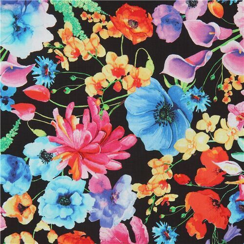 black Timeless Treasures fabric with colorful wild flowers
