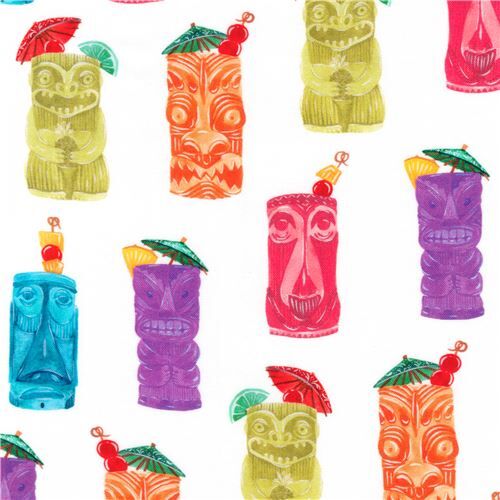 white fabric with colorful tiki mugs by Robert Kaufman