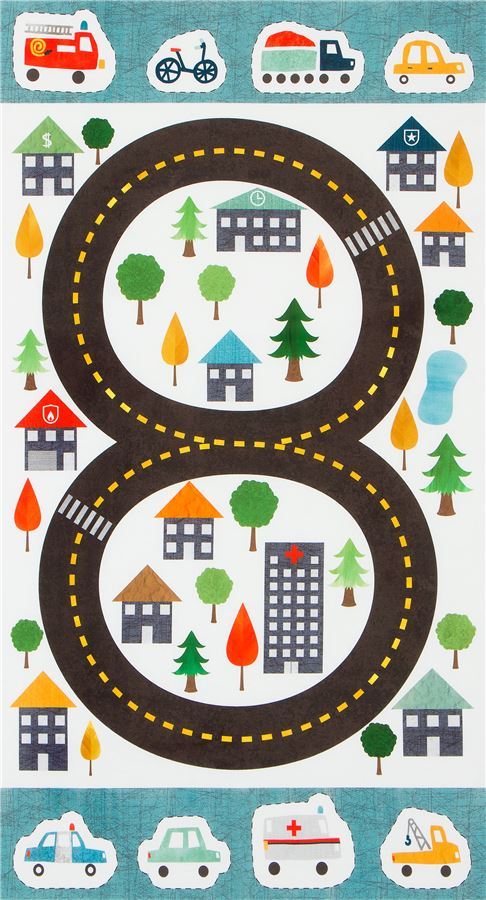 Robert Kaufman town and car race panel fabric in white