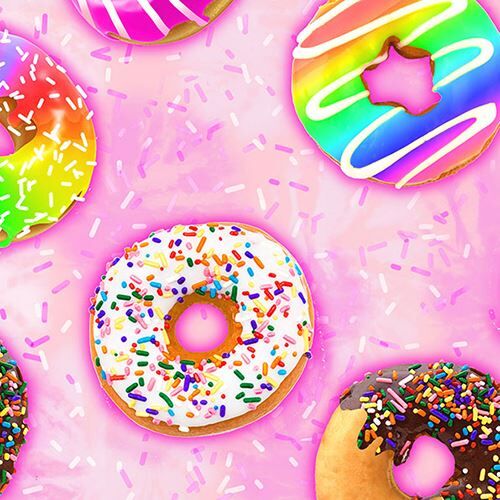 colorful donut Timeless Treasures food fabric in pink
