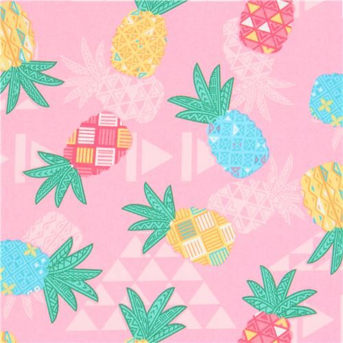 pink Trans-Pacific Textiles fabric with colorful pineapples