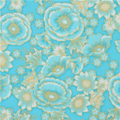 sky blue and metallic gold poppy flower fabric by Robert Kaufman